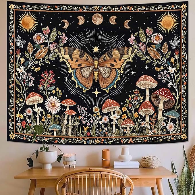 Accnicc Boho Butterfly Tapestry Mushroom Sun and Moon Hippie Wall Tapestry for Bedroom Aesthetic Vintage Floral Plant Small Tapestries Wall Hanging for Dorm Living Room Decor 60 x 44 Inch