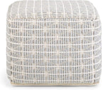 SIMPLIHOME Noreen Square Pouf - 18 inch Wide Upholstered Handwoven Cotton Ottoman in Light Blue and White, Boho Footstool or Extra Seating for Living Room with Polystyrene Filling, Assembled