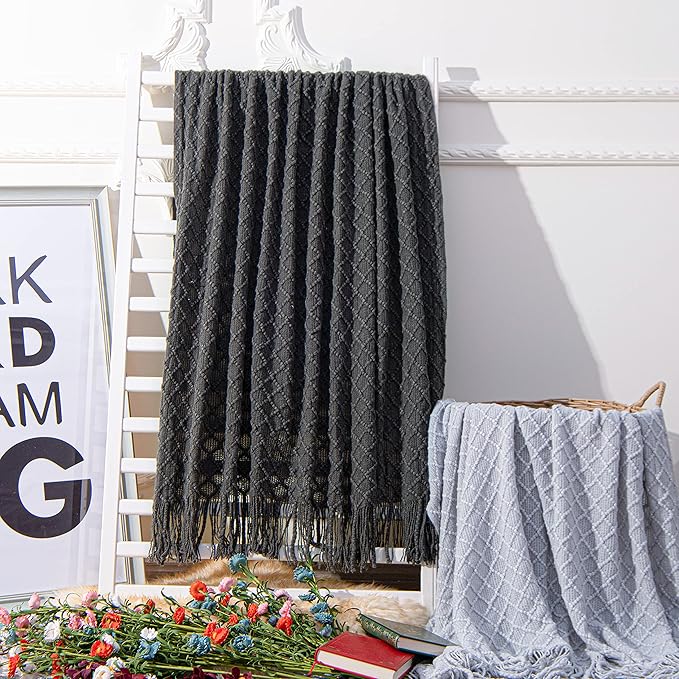 NTBAY Acrylic Knitted Oversized 60x80 Twin Throw Blanket, Lightweight and Soft Cozy Decorative Woven Blanket with Tassels for Travel, Couch, Bed, Sofa, 60x80 Inches, Dark Grey Checkered