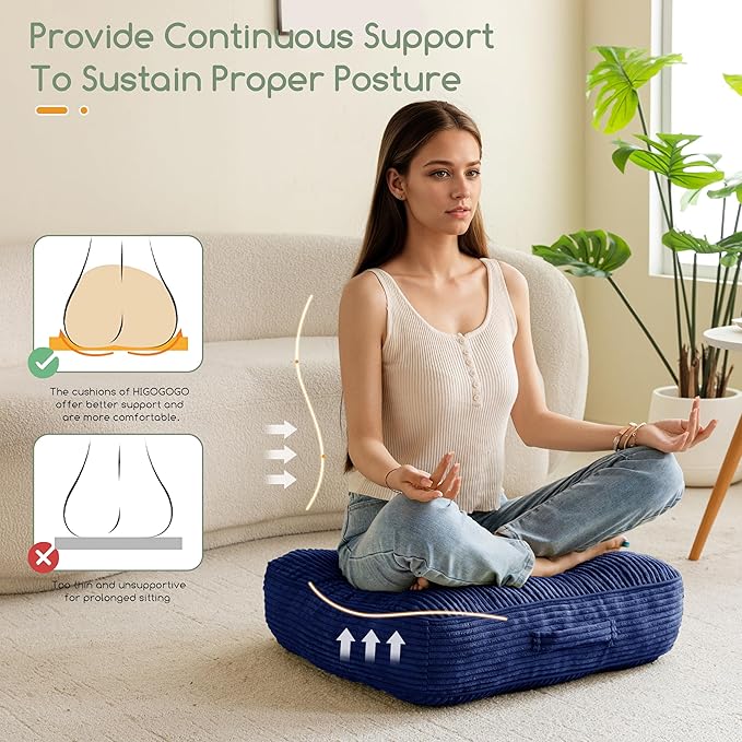 HIGOGOGO 6" Extra Thick Floor Pillow Cushion for Adults, Meditation Cushion Pillow, Large Square Floor Sitting, Tufted Corduroy Cover, for Tatami Living Room or Yoga, 22x22 Inch, 2Pack, Navy