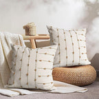 AELS 18x18 Decorative Boho Linen Throw Pillow Covers, Modern Farmhouse Textured Pillow Case, Set of 2, Tufted Stitch Stripe Cushion Cover for Bed Sofa Couch Living Room (Cover ONLY), Brown