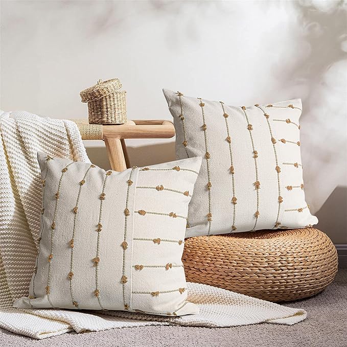 AELS 18x18 Decorative Boho Linen Throw Pillow Covers, Modern Farmhouse Textured Pillow Case, Set of 2, Tufted Stitch Stripe Cushion Cover for Bed Sofa Couch Living Room (Cover ONLY), Brown