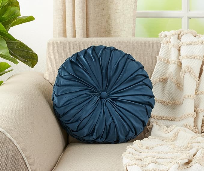 SARO LIFESTYLE Round Velvet Pintucked Poly Filled Throw Pillow (Set of 2)