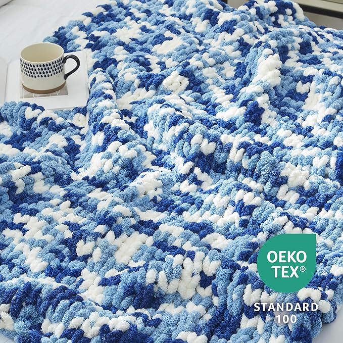 Amélie Home Chunky Knit Throw Blanket for Couch, Soft Chenille Crochet Blanket for Sofa, 50"x60", Space-Dyed Blue