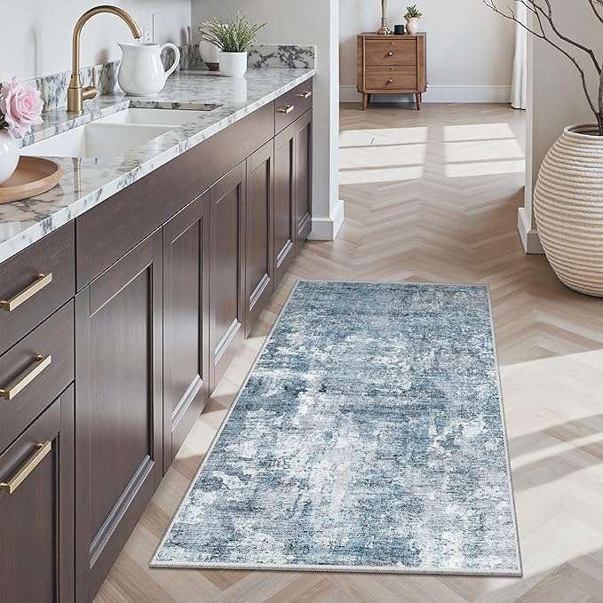 2x4 Washable Rugs for Kitchen, Floor, Entryway, Powder Room Small Area Rug Non-Slip Vintage Low Pile Throw Door Mat Blue/Grey