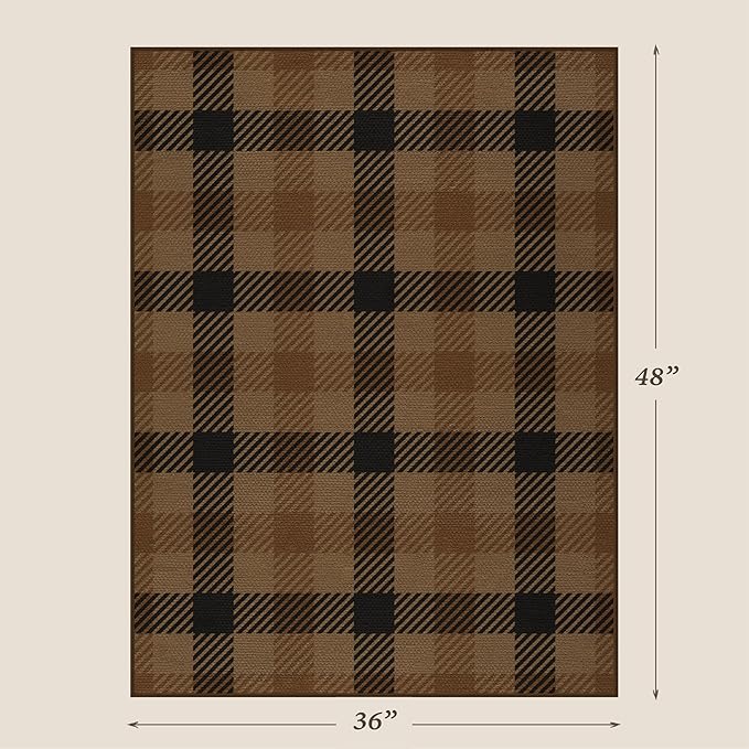 Washable Easy Jute Dark Brown Rug Indoor Outdoor - 3 x 4 Neutral Checkered Area Rug for Kitchen Floor, Entryway, Door Mat Outdoor Entrance Non Slip, Patio, Tan Buffalo Plaid Accent Décor