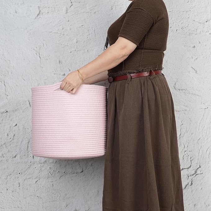 Cotton Rope Basket For Girls Kids 16”X14” Baby Laundry Baskets Nursery Bin Round Woven Basket Organizer For Storage Toys Blankets Shoes Clothes pink