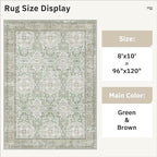 8x10 Area Rugs, Washable Rugs, Large Stain Resistant Area Rug for Living Room Bedroom Dining Room, Vintage Farmhouse Rug Green