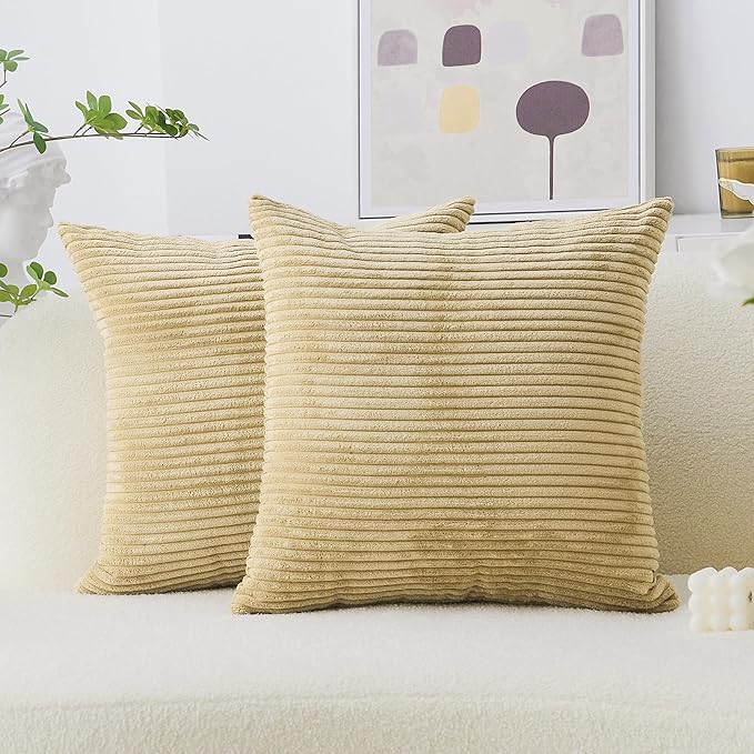 Home Brilliant Supersoft Decorative Pillow Covers Set of 2 Striped Velvet Corduroy Cushion Cover for Chair Couch Sofa, 50x50 cm, 20 x 20 Inch, Taupe