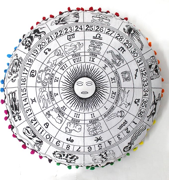 CRAFT KALA Large Round Bohemian Floor Pillow Pouf Cover Mandala Meditation Room Pillow Cover for Adults Boho Seating Poufs Cushion Cover for Kids Playroom 32" Round Black Zodiac