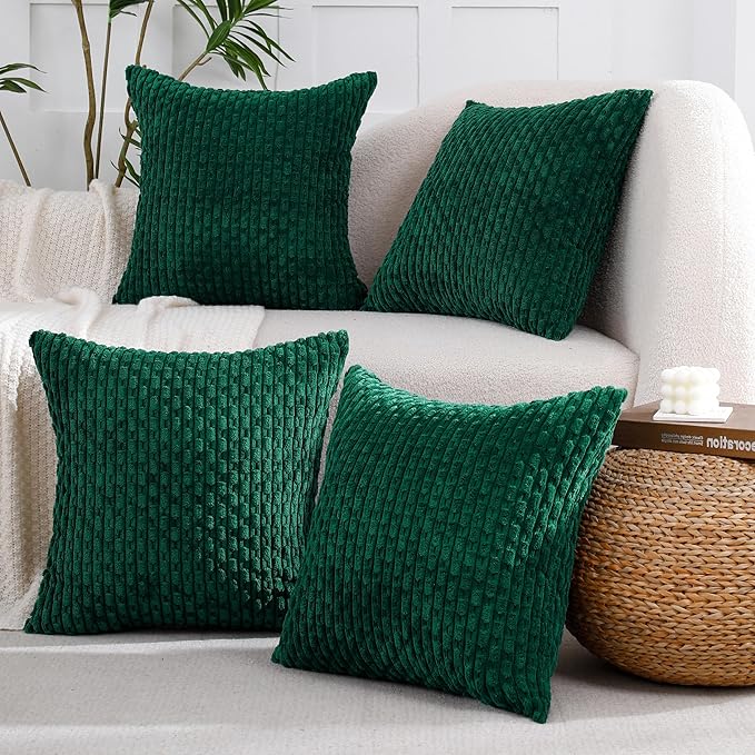 VAKADO Christmas Couch Decorative Throw Pillow Covers Corduroy 18x18 Set of 4 Dark Green Home Living Room Neutral Rustic Farmhouse Cushion Case Decor Boho Square for Bed Sofa