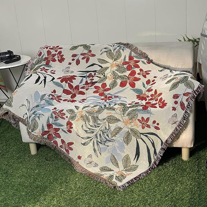 Snycler Flowers and Plants Throw Blanket for Bed 50 * 60inch Woven Blanket Cotton Polyester Farmhouse Decor for Indoor Outdoor Sofa Bedroom Garden，All Season （Spring）