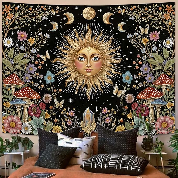 Aipon Boho Sun and Moon Tapestry Hippie Mushroom Floral Wall Tapestry for Bedroom Aesthetic Moon Phase Vintage Plant Celestial Large Tapestries Wall Hanging for Living Room Dorm 80 x 60 Inch