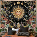 Aipon Boho Sun and Moon Tapestry Hippie Mushroom Floral Wall Tapestry for Bedroom Aesthetic Moon Phase Vintage Plant Celestial Large Tapestries Wall Hanging for Living Room Dorm 80 x 60 Inch