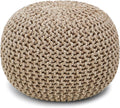 REDEARTH Round Pouf Ottoman - Hand Knitted Cable Boho Poof Home Décor Pouffe Circular Footrest for Living Room - Nursery - Bedroom - Lounge 100% Cotton (19.5"x19.5"x14") - Beige Ivory