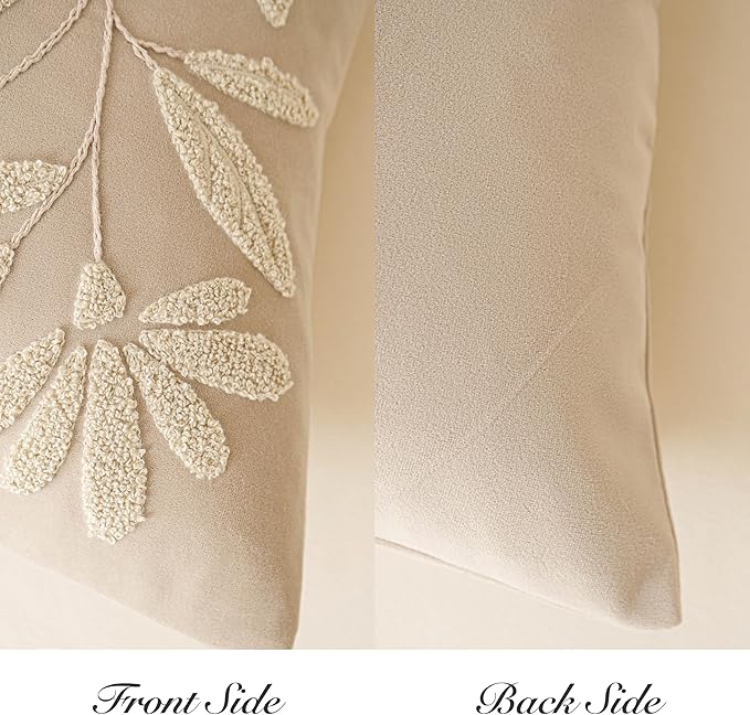 BlissBlush 20x20 Throw Pillow Cover, Square Neutral Beige Decorative Cushion Cover for Couch Sofa, Embroidered Velvet Farmhouse Accent Pillowcase (Cover Only)