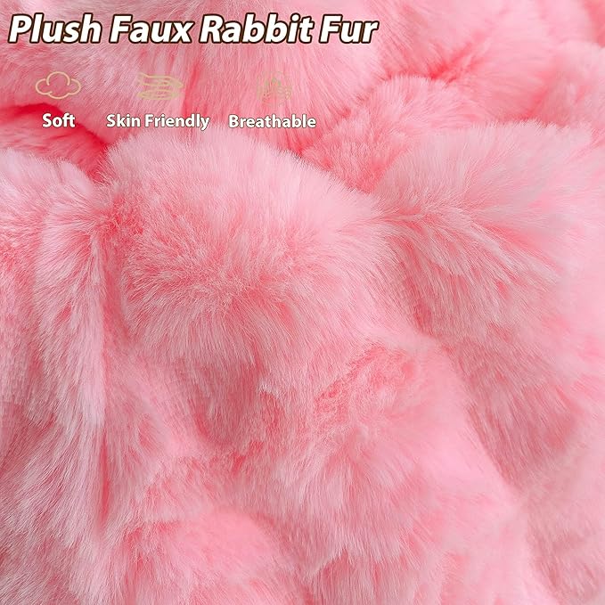LIFEREVO Faux Rabbit Fur Round Inflatable Pouf Ottoman, 20" X 16" Plush Fuzzy Waffle Bubble Floor Poufs Foot Rest for Living Room Bedroom, Furry Pouf Chair Foot Stool Home Decor, Anti-Slip, Pink
