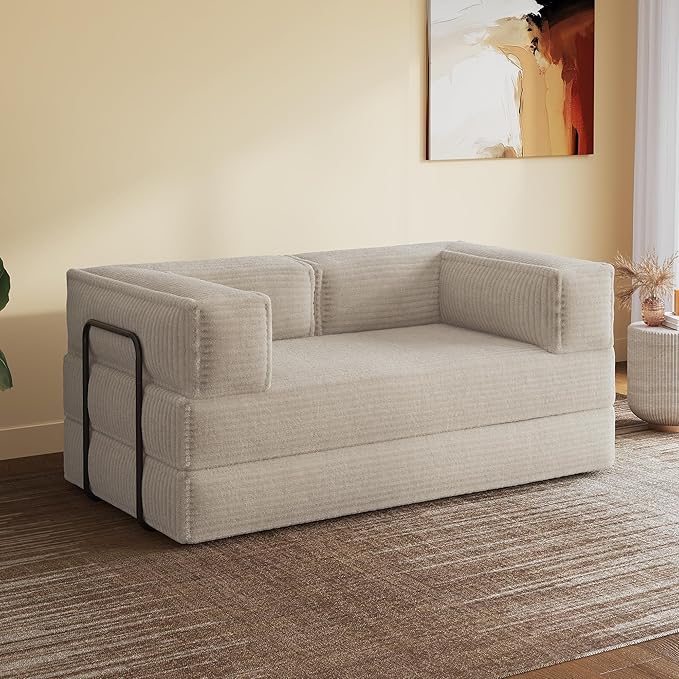WLIVE 60'' Futon Sofa Bed, Convertible Sleeper Sofa, Folding Pull Out Couch Boneless Mattress with Fixed Frame, Corduroy, Greyish Beige