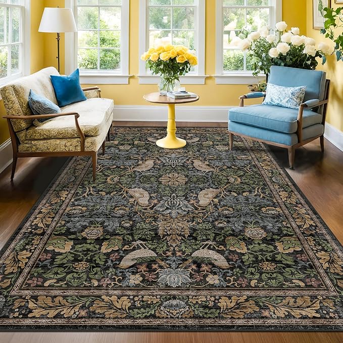 Washable 4x6 Area Rug for Living Room - Soft Moody Rug for Kitchen, Office, Large Entryway, Rustic Botanical Decor, Non-Slip Low Pile Dark Green and Brown Ultra Soft Bird Carpet