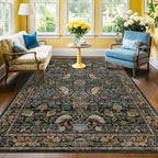 Washable 4x6 Area Rug for Living Room - Soft Moody Rug for Kitchen, Office, Large Entryway, Rustic Botanical Decor, Non-Slip Low Pile Dark Green and Brown Ultra Soft Bird Carpet