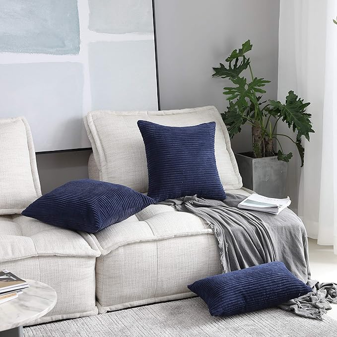 Home Brilliant 2 Packs Corduroy Pillows Cover 22x22 Throw Pillow Covers for Couch Striped Velvet Pillowcases, 55cm x 55cm, 22 x 22 Inch, Navy Blue