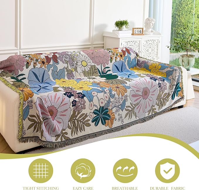 Boho Throw Blanket for Couch Cover, 100% Handwoven Cotton Southwestern Farmhouse Floral Decor Reversible Blanket, All Season Throw for Sofa Bed Tapestry Outdoor Camping Picnic. 91″×98″