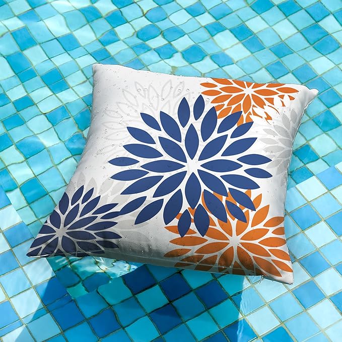 DFXSZ Blue Orange Outdoor Flower Pillow Covers 16x16 Inch Set of 2 White Colored Throw Pillows Outdoor Waterproof Decor for Living Room Sofa Patio Funiture Garden Floral Polyester pillow covers 002C16
