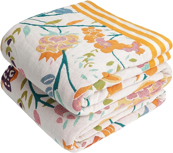 Boho Throw Blanket for Bed, 100% Organic Cotton Breathable Ultra Soft 50" x 60" Quilt Beige Throw - All Season Floral Farmhouse Decor Luxury Reversible Blanket for Sofa Couch Chair and Gift