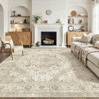 10x14 Area Rugs for Living Room - Large Washable Rug with Non-Slip Backing, Super Soft Vintage Carpet for Bedroom, Ultra-Thin Farmhouse Indoor Area Rug Home Decor (Ivory/Beige, 10'x14')