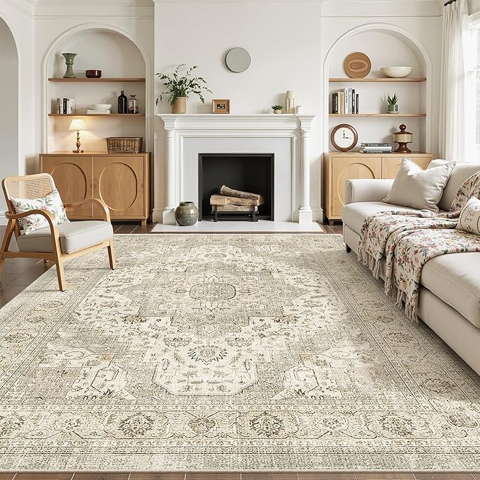 10x14 Area Rugs for Living Room - Large Washable Rug with Non-Slip Backing, Super Soft Vintage Carpet for Bedroom, Ultra-Thin Farmhouse Indoor Area Rug Home Decor (Ivory/Beige, 10'x14')