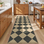 Lessymo Kitchen Runner Rug 2x6, Checkered Jute Rug Washable Non Slip for Entryway Hallway, Farmhouse Diamond Bedside Rugs Indoor Outdoor Carpets for Patio Porch, Black/Beige