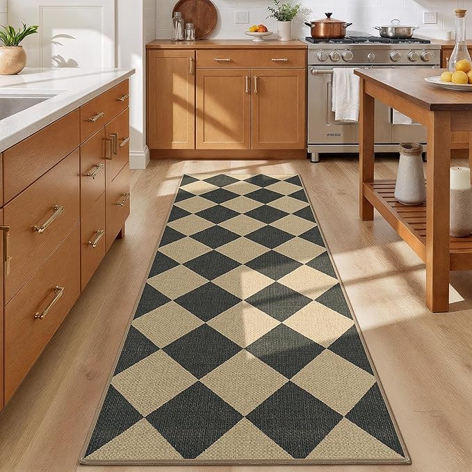 Lessymo Kitchen Runner Rug 2x6, Checkered Jute Rug Washable Non Slip for Entryway Hallway, Farmhouse Diamond Bedside Rugs Indoor Outdoor Carpets for Patio Porch, Black/Beige