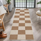 GarveeHome Easy Jute Rugs 2x8 Checkered Kitchen Runner Rugs Non Skid Washable Stain Resistant Indoor Outdoor Rugs for Living Room, Bedroom, Dining, Patio - Farmhouse Style Brown