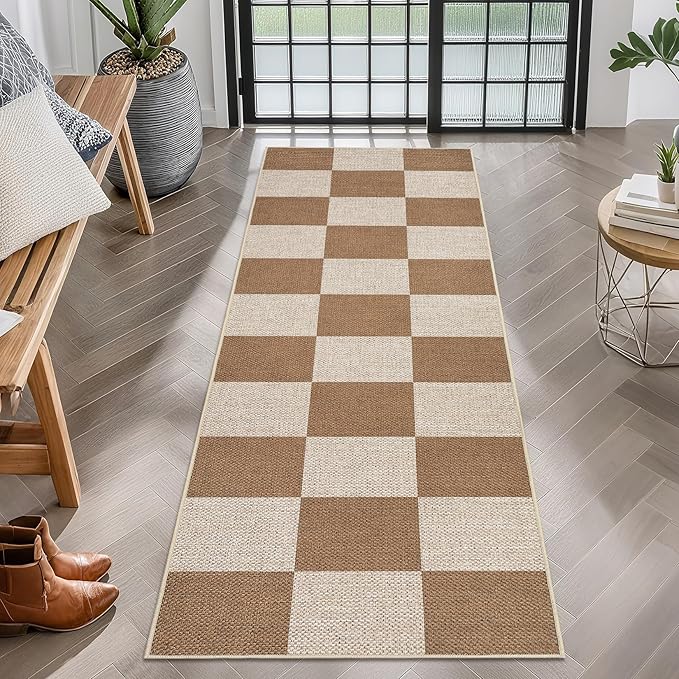 GarveeHome Checkered Easy Jute Runner Rug 2x6 Non-Slip Machine Washable Stain Resistant Indoor Outdoor Rugs for Living Room, Bedroom, Kitchen, Dining, Patio - Farmhouse Style Brown