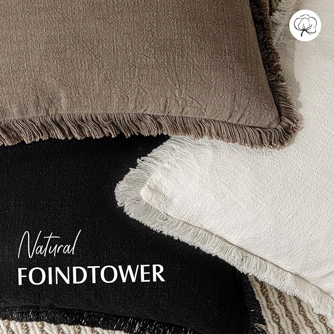 Foindtower Set of 2 Decorative Linen Fringe Throw Pillow Covers Cozy Farmhouse Boho Cushion Cover with Tassels Soft Accent Pillowcase for Couch Sofa Bed Living Room Home Decor 20×20 Inch Light Brown