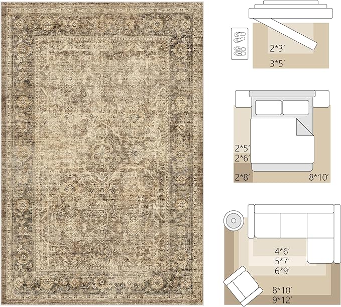 FMFUNCTEX 3x4 Washable Area Rug Brown Vintage Neutral Non Slip Low Pile Traditional Retro Indoor Carpet for Entryway Entrance Soft Floral Throw Rug Living Room Bedroom Kitchen Dining Office Laundry