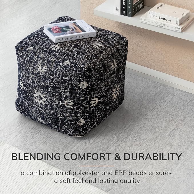 Anji Mountain Pouf Ottoman Foot Rest, Handmade Ottoman Pouf, Comfortable Foot Stool, Decorative Floor Seating for Living Room Decor, Bedroom & Home Décor Accent - Obsidian Souk