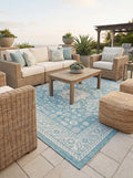 Rugs.com Outdoor Aztec Collection Rug – 10 Ft Square Aqua Flatweave Rug Perfect for Living Rooms, Kitchens, Entryways