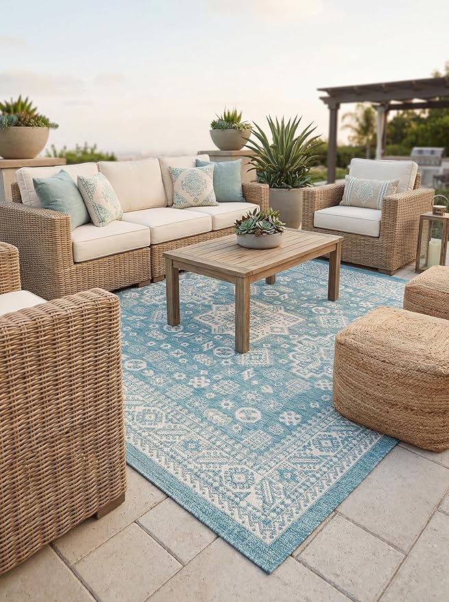 Rugs.com Outdoor Aztec Collection Rug – 5 Ft Square Aqua Flatweave Rug Perfect for Living Rooms, Kitchens, Entryways