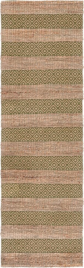 SAFAVIEH Natural Fiber Collection Runner Rug - 2'3" x 8', Green & Natural, Handmade Boho Farmhouse Rustic Jute & Cotton, Ideal for High Traffic Areas in Living Room, Bedroom (NFB653Y)