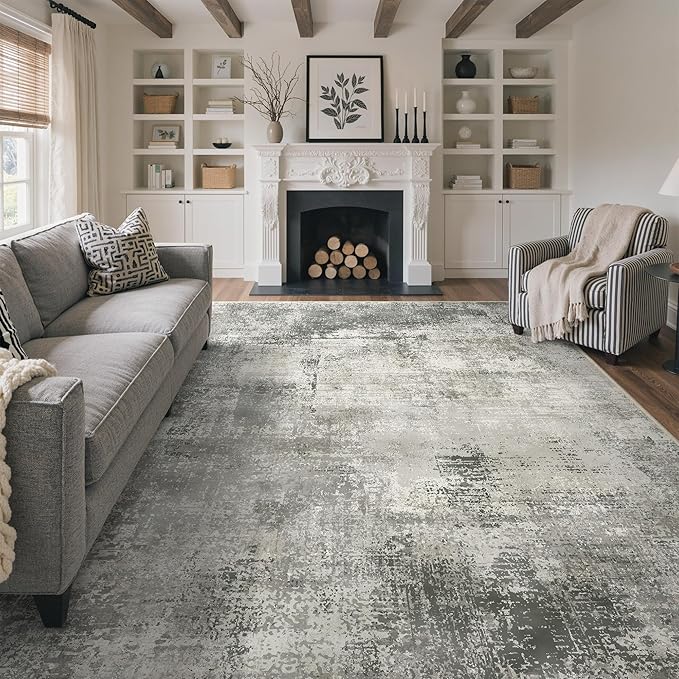 GENIMO 8x10 Area Rugs for Living Room, Machine Washable Non Slip Rugs, Low Pile Lightweight Modern Abstract Print Rug for Bedroom, Dining Room, Home Office, Distressed Grey