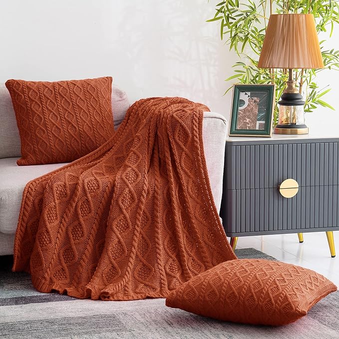 Homiest Acrylic Cable Knit Throw Blanket and Pillow Set, Sage Green, 50 x 60 Inch Blanket & 18 x 18 Inch Pillow, 3-Piece Modern Geometric Blanket Set for Couch, Bed, Travel