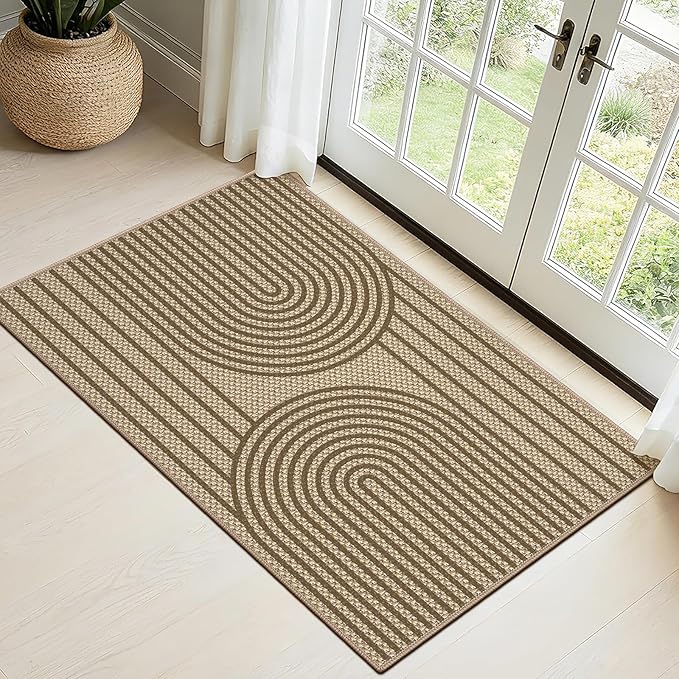 2x3 Door Mat Outdoor Rug Easy Jute Entryway Porch Rug Indoor Foyer Outdoor Patio Low Pile Ultra-Thin Area Rug Washable Non-Slip Brown Rainbow Throw Carpet for Front Door Entrance Floor Mats