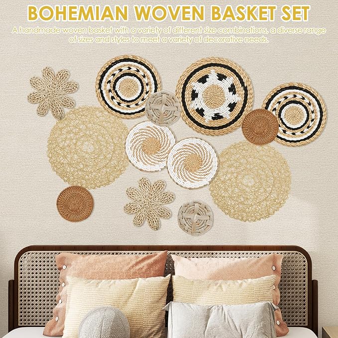 13 Pack Boho Wall Basket Decor Set, Hanging Woven Seagrass Rattan Wicker Boho Wall Decor, Round Farmhouse Wall Hanging Baskets Rustic Flat Wall Art for Living Room Bedroom Kitchen (Style 10)