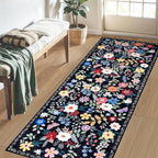 Runner Rug for Entryway: 2.6x8 Kitchen Rugs Non Slip Washable Ultra-Thin Soft Floral Carpet Indoor Floor Stain Resistant Carpets for Hallway Bedroom Kitchen Laundry Bathroom Dorm Black