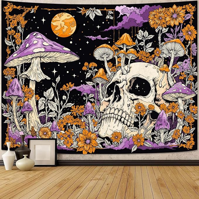 Lifeella Skull Mushroom Tapestry, Gothic Hippie Skeleton Wall Hanging for Bedroom Living Room Dorm Decor, Purple Orange 36x48 inches