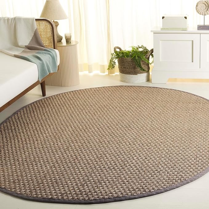 SAFAVIEH Area Rug 6x8 Oval- Natural Fiber Collection - Natural & Grey, Seagrass, Basketweave Pattern with Border (NF114P)