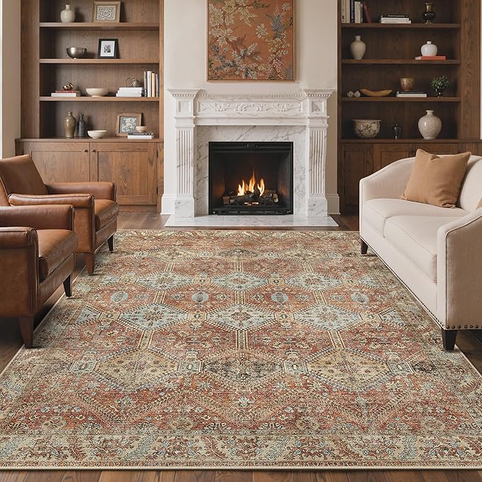 GENIMO 5x7 Area Rugs for Living Room, Machine Washable Non Slip Rugs, Low Pile Lightweight Print Rug for Bedroom, Dining Room, Home Office, Vintage Brick Red