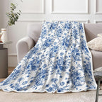 Blue Floral Throw Blanket, Botanical Floral Blanket, Soft, Flannel, Warm, Boho Aesthetic Bed Blankets All Season Flower Throw Blankets for Couch Bedroom Living Room 60X80 Inch