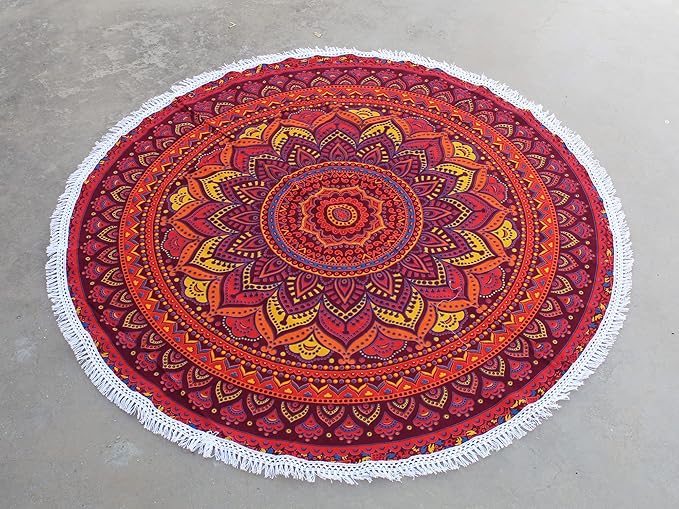Round Beach Tapestry Turquoise Mandala Throw/Boho Hippie Beach Blanket Roundie/Indian Cotton Bohemian Large Round Table Cloth-Home Decor/Yoga Mat Meditation Picnic Rug (42", Orange)
